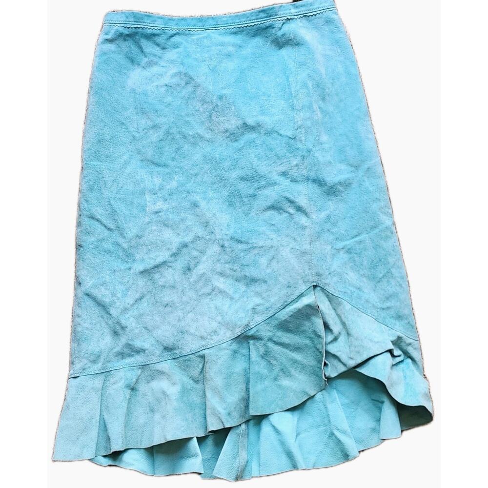 BCBG MAX AZRIA Teal Turquoise Blue Suede Leather Flared Ruffle Skirt Size 0